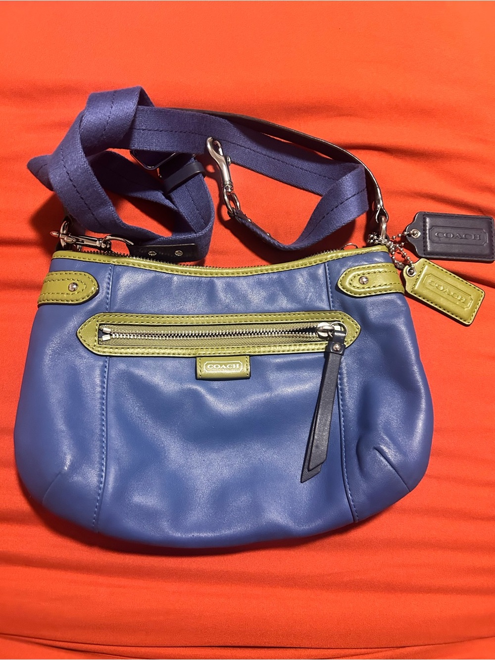 COACH Blue Leather Shoulder Bag with Lime Trim - Picture 3 of 5